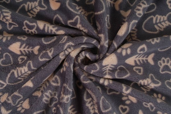 Coral fleece srdíčko a rybka, šedý podklad , látka, metráž