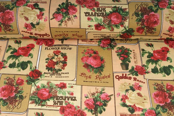 Plátno bavlněné vintage golden roses, metráž, látky