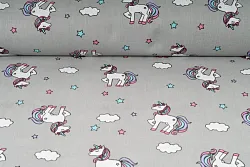 Plátno bavlněné, unicorn, jednorožec na šedém podkladu, metráž, látky