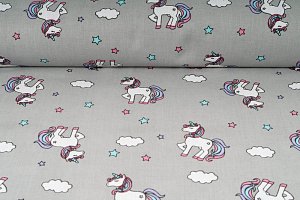 Plátno bavlněné, unicorn, jednorožec na šedém podkladu, metráž, látky