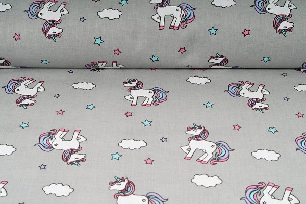 Plátno bavlněné, unicorn, jednorožec na šedém podkladu, metráž, látky
