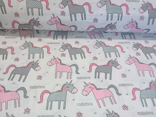 Plátno bavlněné - unicorn a kytka na bílé, metráž, látky