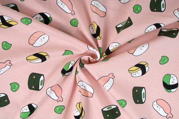 Úplet jednolíc, sushi na růžovém podkladu, tričkovina, látky, metráž