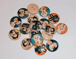 Dřevěný knoflík 15mm, zvířátka, dětský motiv, mix druhů