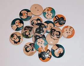 Dřevěný knoflík 15mm, zvířátka, dětský motiv, mix druhů