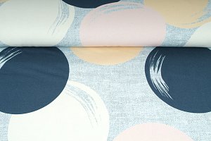 Elastická teplákovina nepočesaná, potištěná, vzor kolečka na denimu, látky, metráž, šíře 1
