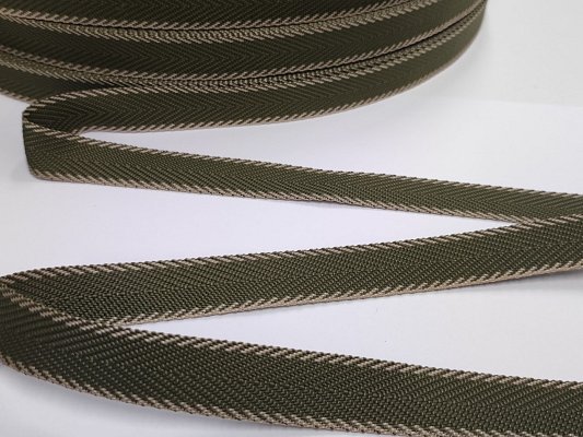Popruh polypropylenový 20 mm, khaki - vzor rybí kost + béžový okraj, galanterie, metráž