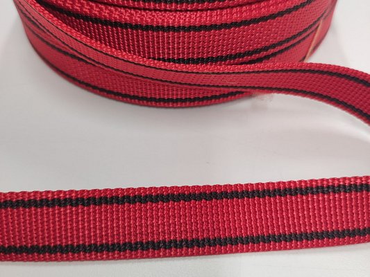 Popruh polypropylenový 20 mm, červený - vzor rybí kost + šedý okraj, galanterie, metráž