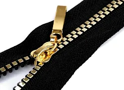 Zip kostěný, dělitelný, černý, 5mm, 40cm délka, zlatá kostka