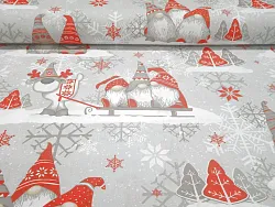 Bavlnené plátno, vianočný motív - trpaslíci na sivej, metráž, látky